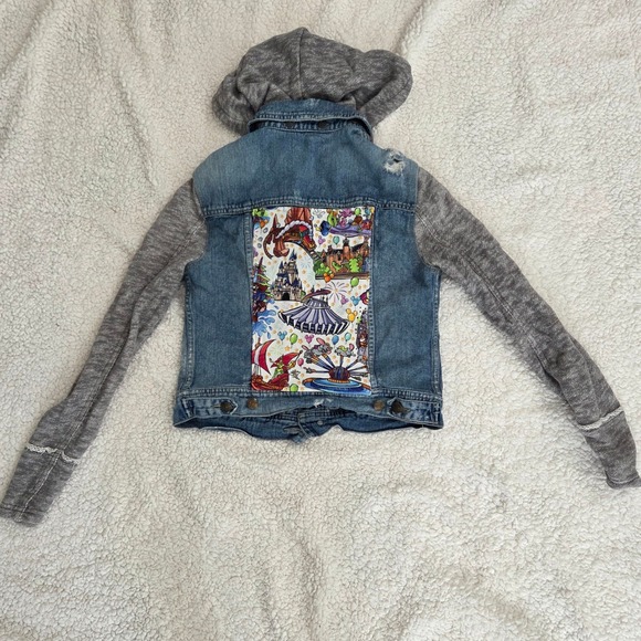 Free People‎ Disney Patches Denim Hooded Jacket XS Jean Knit Sleeve Unique - Picture 7 of 9